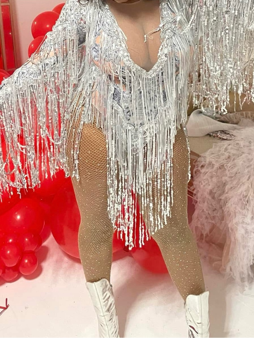 Silver Fringe Sequin Bodysuit